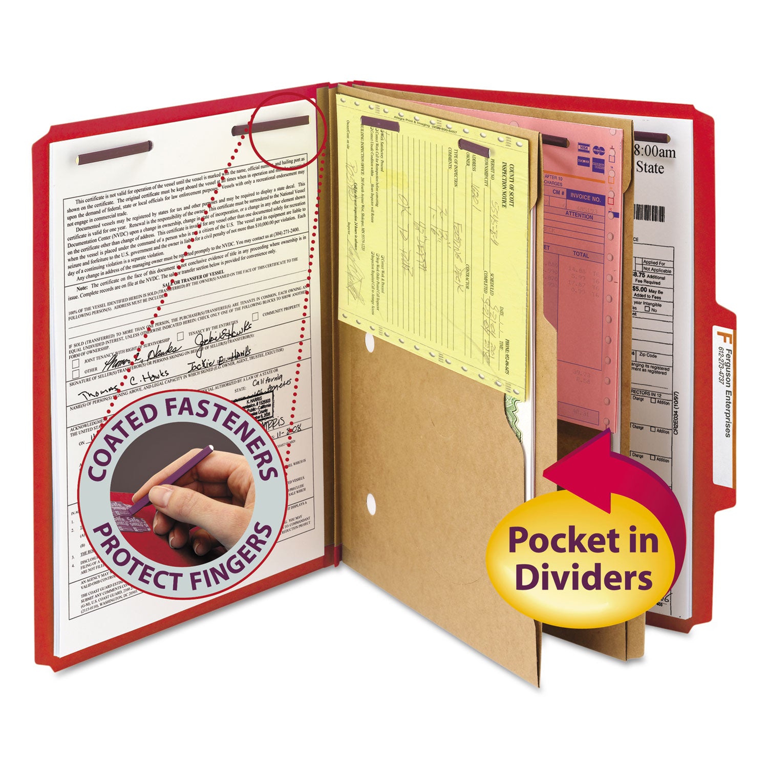 Smead 6-Section Pressboard Top Tab Pocket Classification Folders, 6 SafeSHIELD Fasteners, 2 Dividers, Letter Size, Bright Red,10/BX (14082)