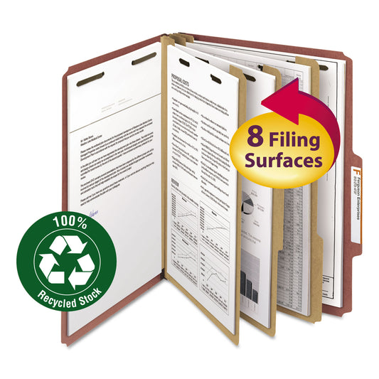 Smead Recycled Pressboard Classification Folders, 3" Expansion, 3 Dividers, 8 Fasteners, Letter Size, Red Exterior, 10/Box (14099)