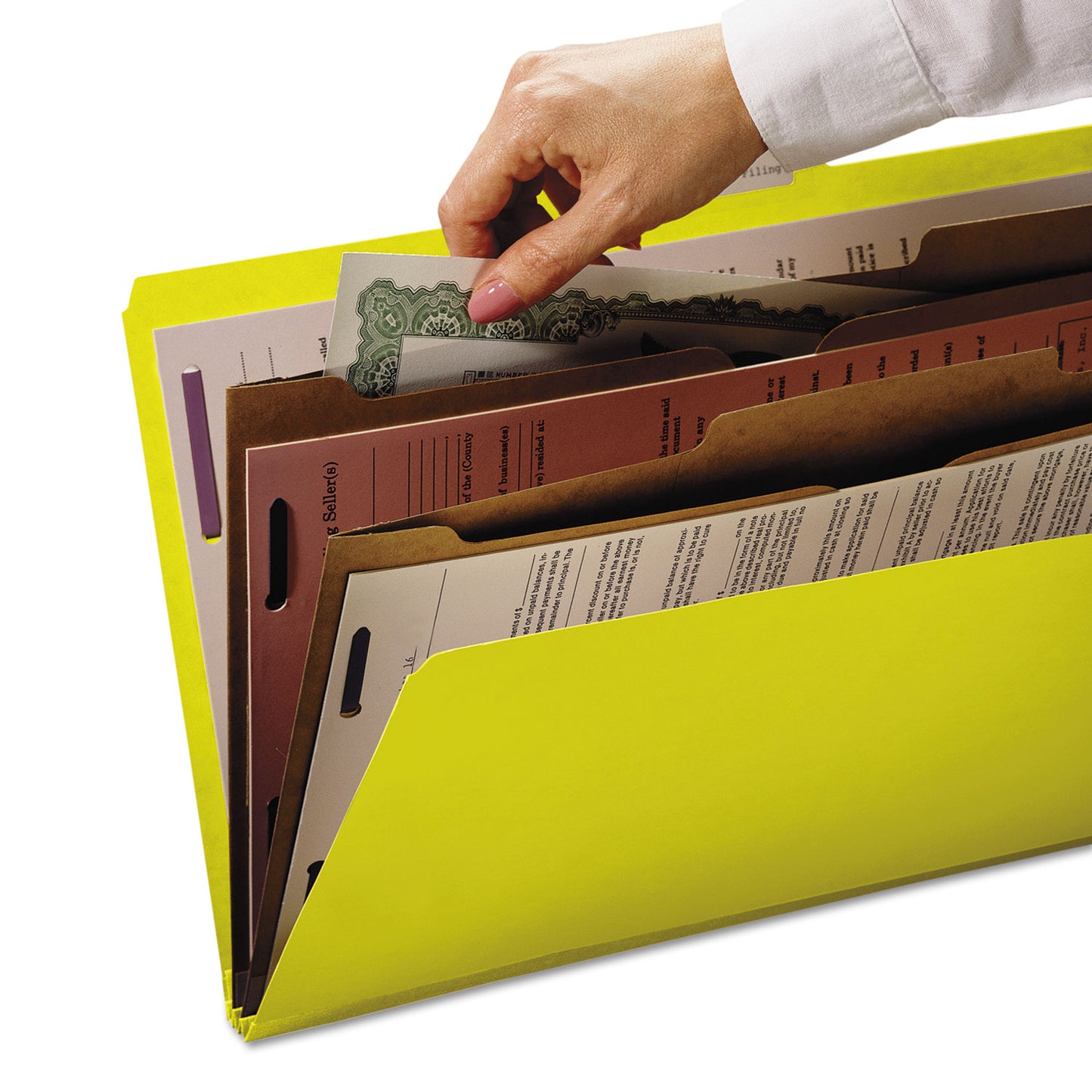 Smead 6-Section Pressboard Top Tab Pocket Classification Folders, 6 SafeSHIELD Fasteners, 2 Dividers, Letter Size, Yellow, 10/Box (14084)