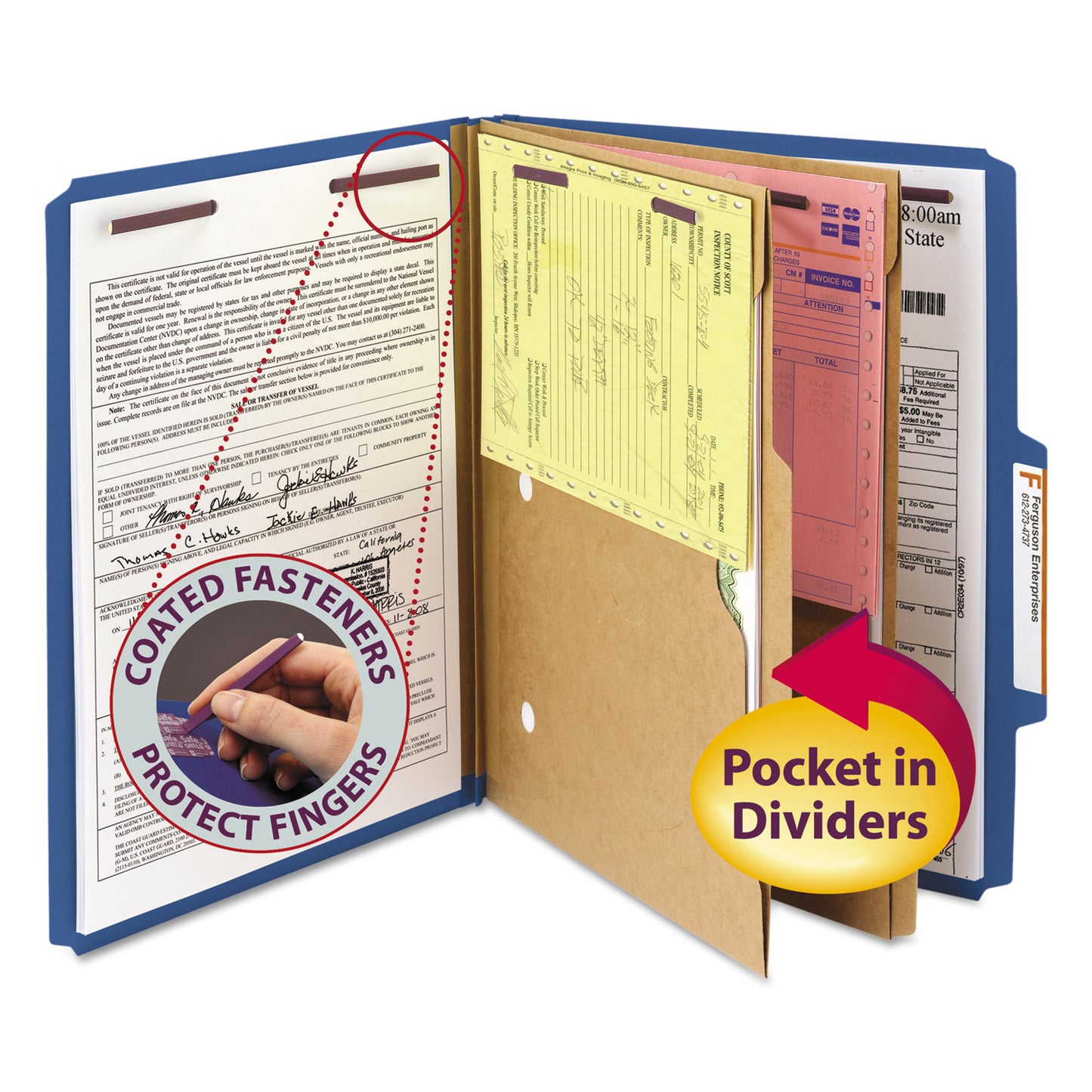Smead 6-Section Pressboard Top Tab Pocket Classification Folders, 6 SafeSHIELD Fasteners, 2 Dividers, Letter Size, Dark Blue, 10/BX (14077)