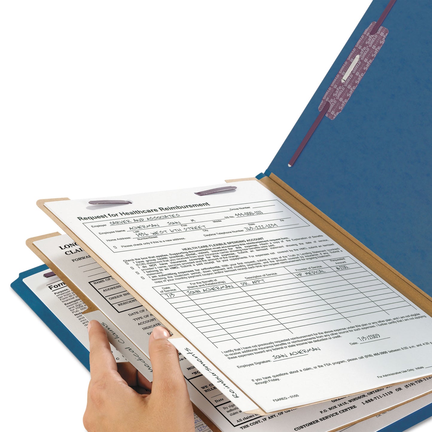 Smead Six-Section Pressboard Top Tab Classification Folders, Six SafeSHIELD Fasteners, 2 Dividers, Letter Size, Dark Blue, 10/Box (14032)