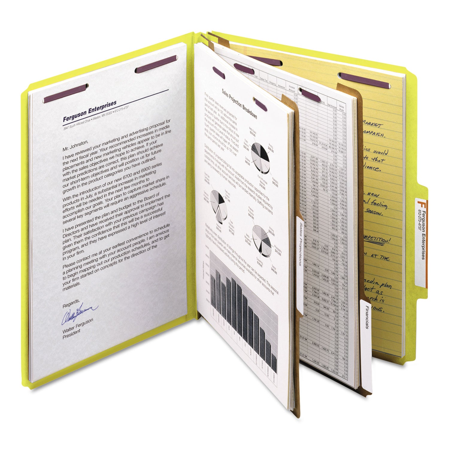 Smead Six-Section Pressboard Top Tab Classification Folders, Six SafeSHIELD Fasteners, 2 Dividers, Letter Size, Yellow, 10/Box (14034)