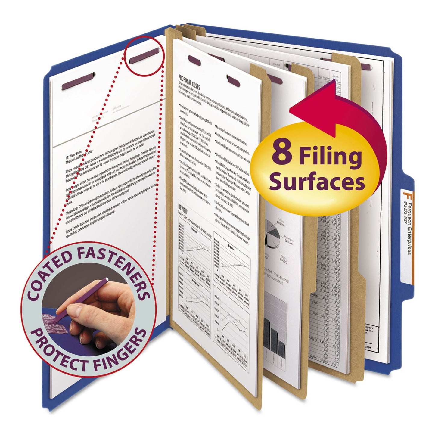Smead Eight-Section Pressboard Top Tab Classification Folders, 8 SafeSHIELD Fasteners, 3 Dividers, Letter Size, Dark Blue, 10/Box (14096)
