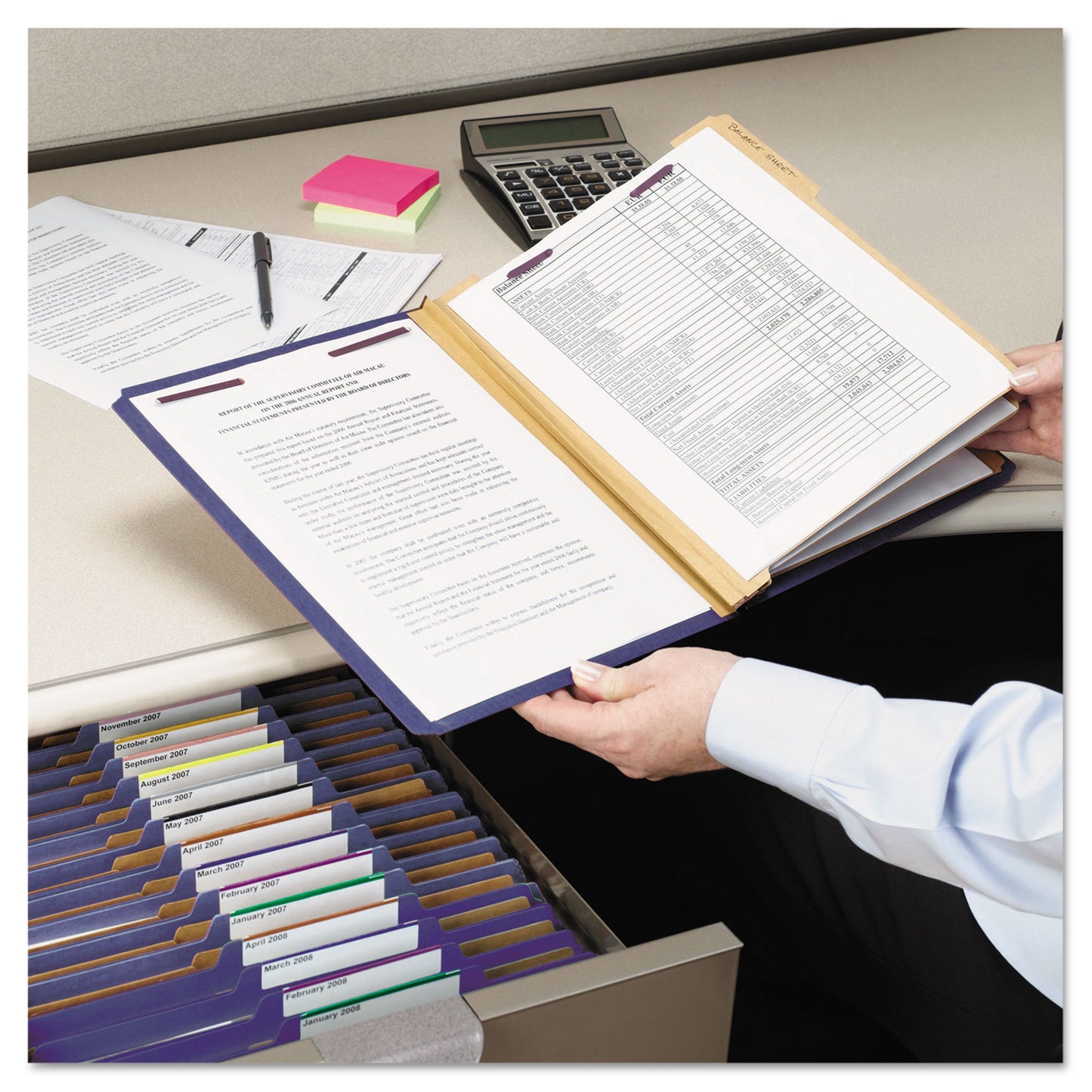 Smead Eight-Section Pressboard Top Tab Classification Folders, 8 SafeSHIELD Fasteners, 3 Dividers, Letter Size, Dark Blue, 10/Box (14096)