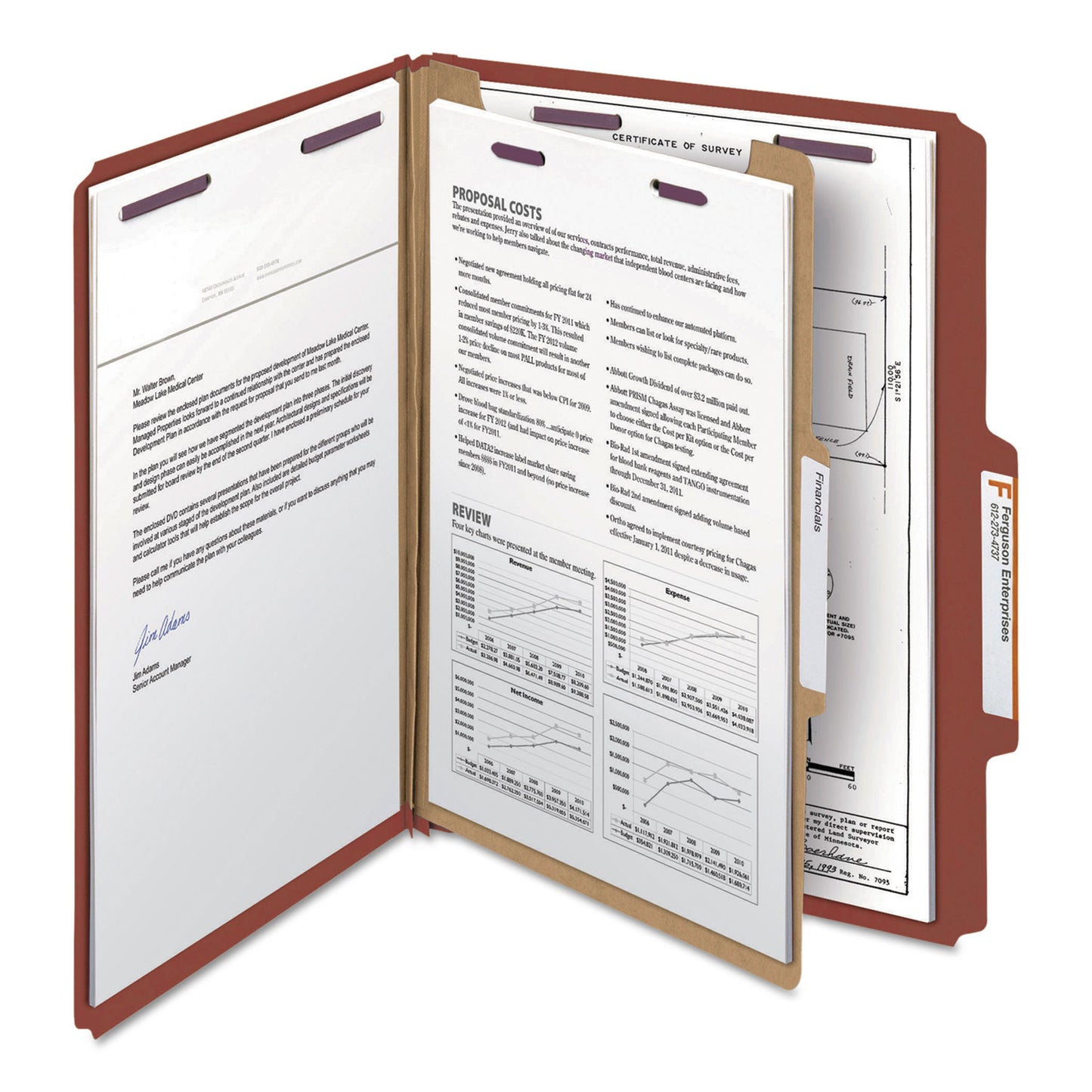 Smead Pressboard Classification Folders, Four SafeSHIELD Fasteners, 2/5-Cut Tabs, 1 Divider, Letter Size, Red, 10/Box (13775)