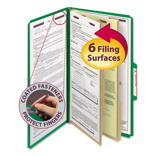 Smead Six-Section Pressboard Top Tab Classification Folders, Six SafeSHIELD Fasteners, 2 Dividers, Legal Size, Green, 10/Box (19033)