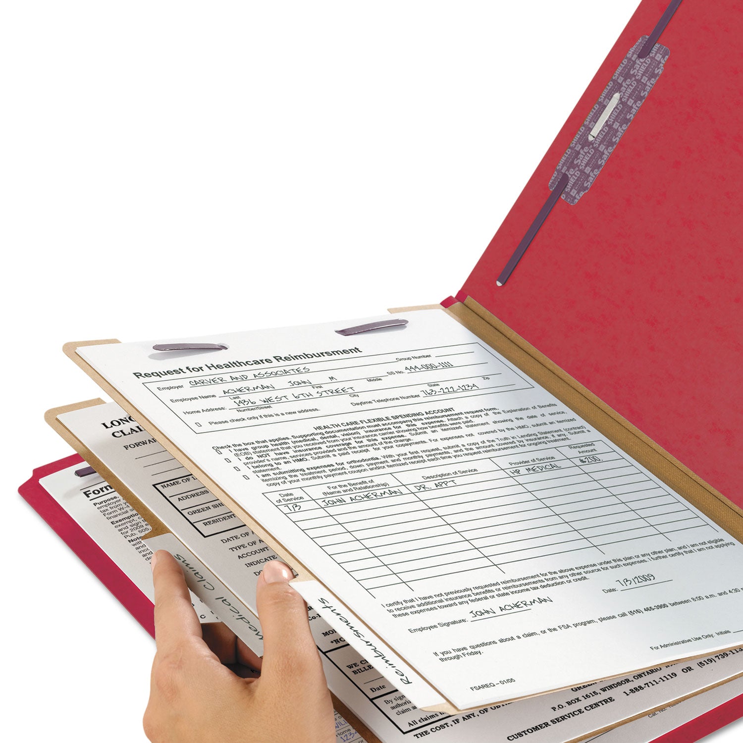 Smead Six-Section Pressboard Top Tab Classification Folders, Six SafeSHIELD Fasteners, 2 Dividers, Letter Size, Bright Red, 10/Box (14031)