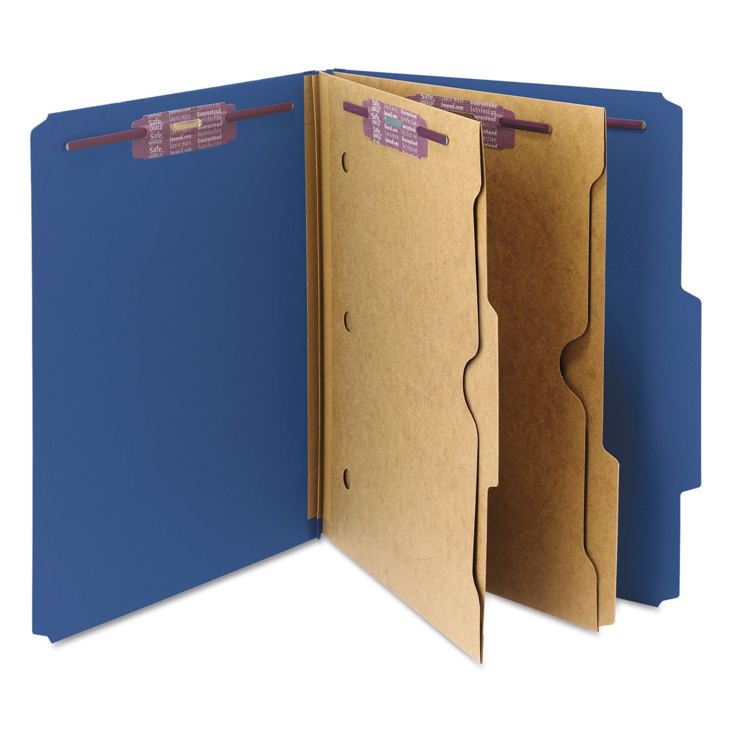 Smead 6-Section Pressboard Top Tab Pocket Classification Folders, 6 SafeSHIELD Fasteners, 2 Dividers, Letter Size, Dark Blue, 10/BX (14077)