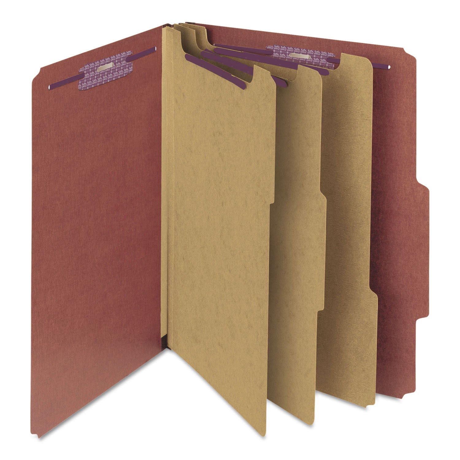 Smead Pressboard Classification Folders, Eight SafeSHIELD Fasteners, 2/5-Cut Tabs, 3 Dividers, Letter Size, Red, 10/Box (14092)