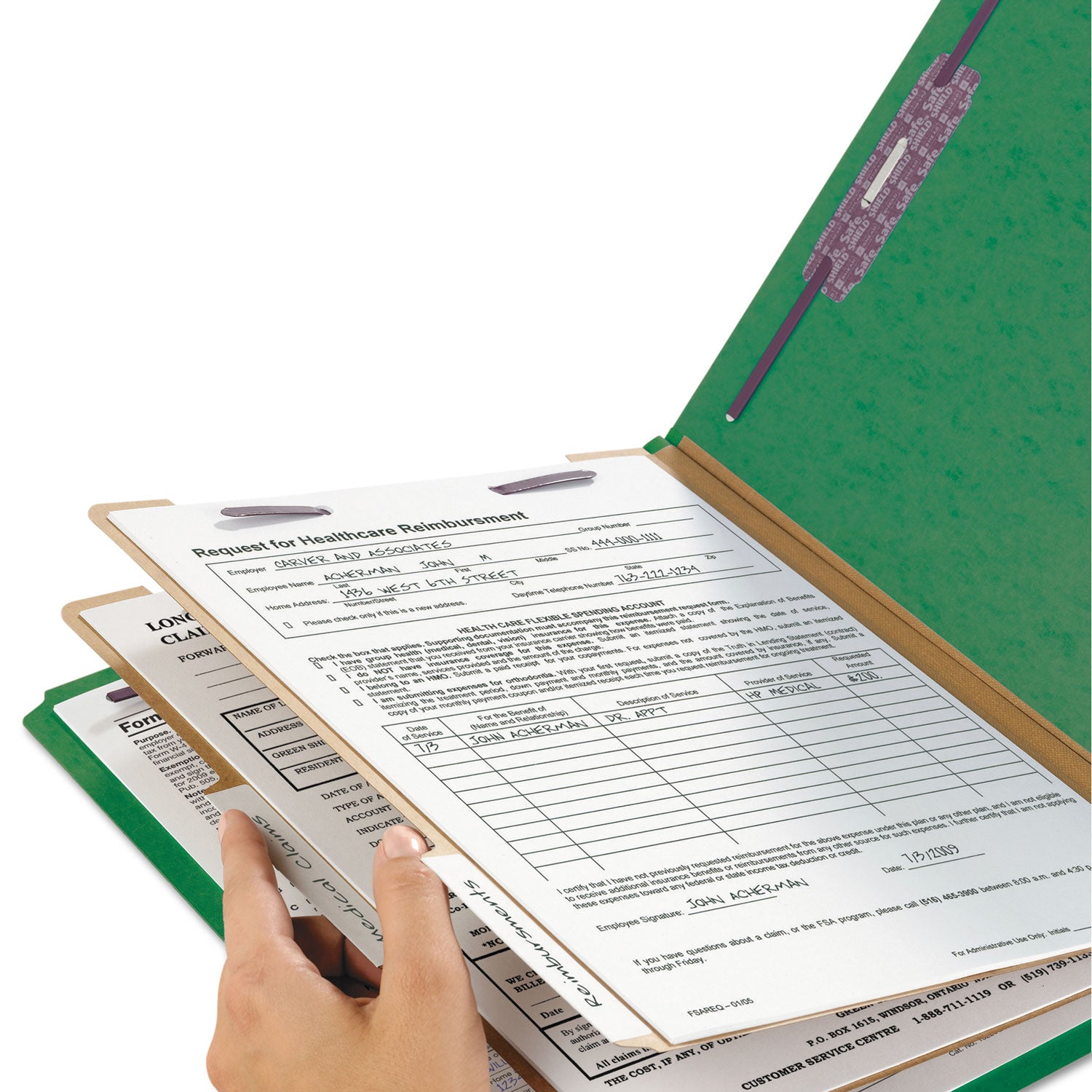 Smead Six-Section Pressboard Top Tab Classification Folders, Six SafeSHIELD Fasteners, 2 Dividers, Letter Size, Green, 10/Box (14033)