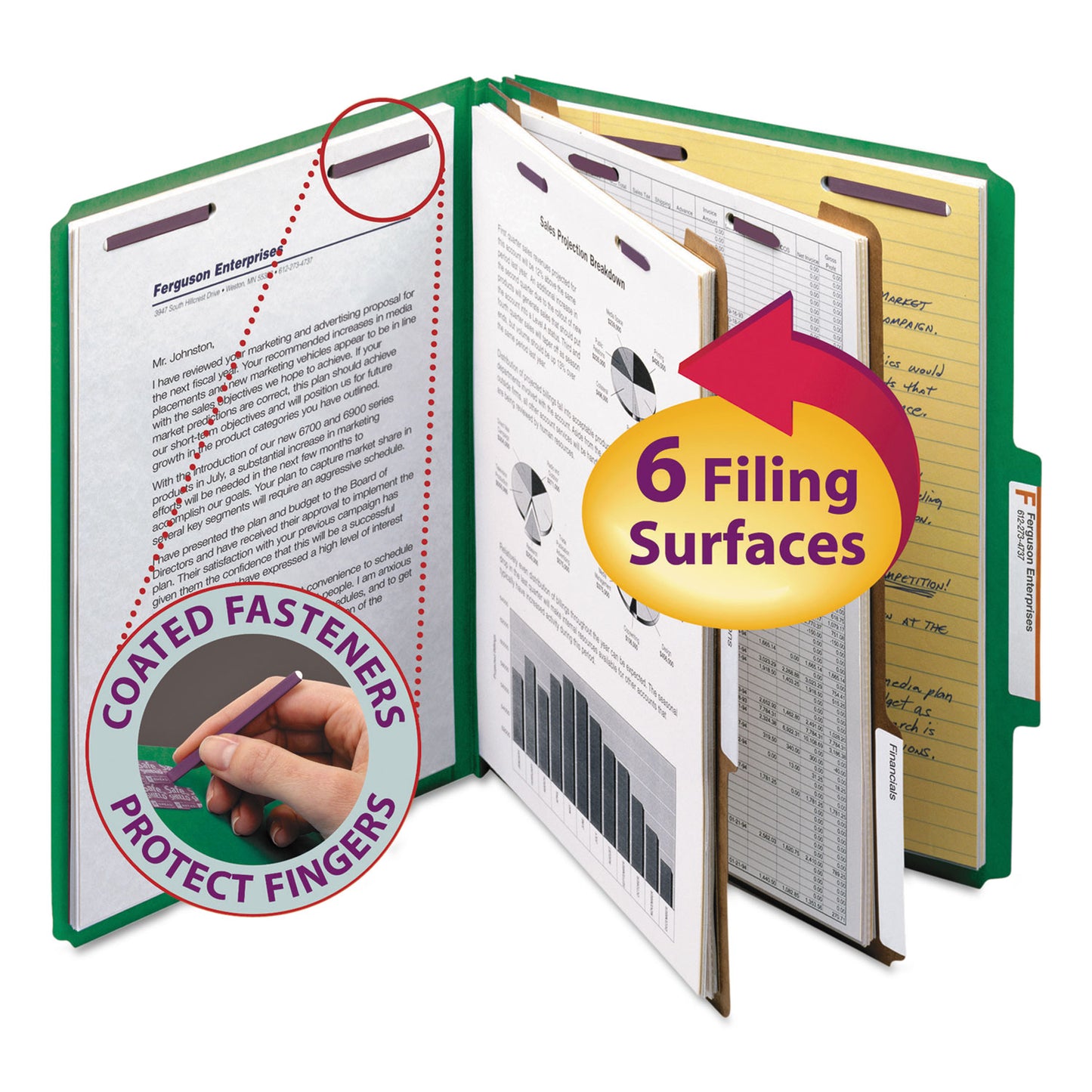 Smead Six-Section Pressboard Top Tab Classification Folders, Six SafeSHIELD Fasteners, 2 Dividers, Letter Size, Green, 10/Box (14033)