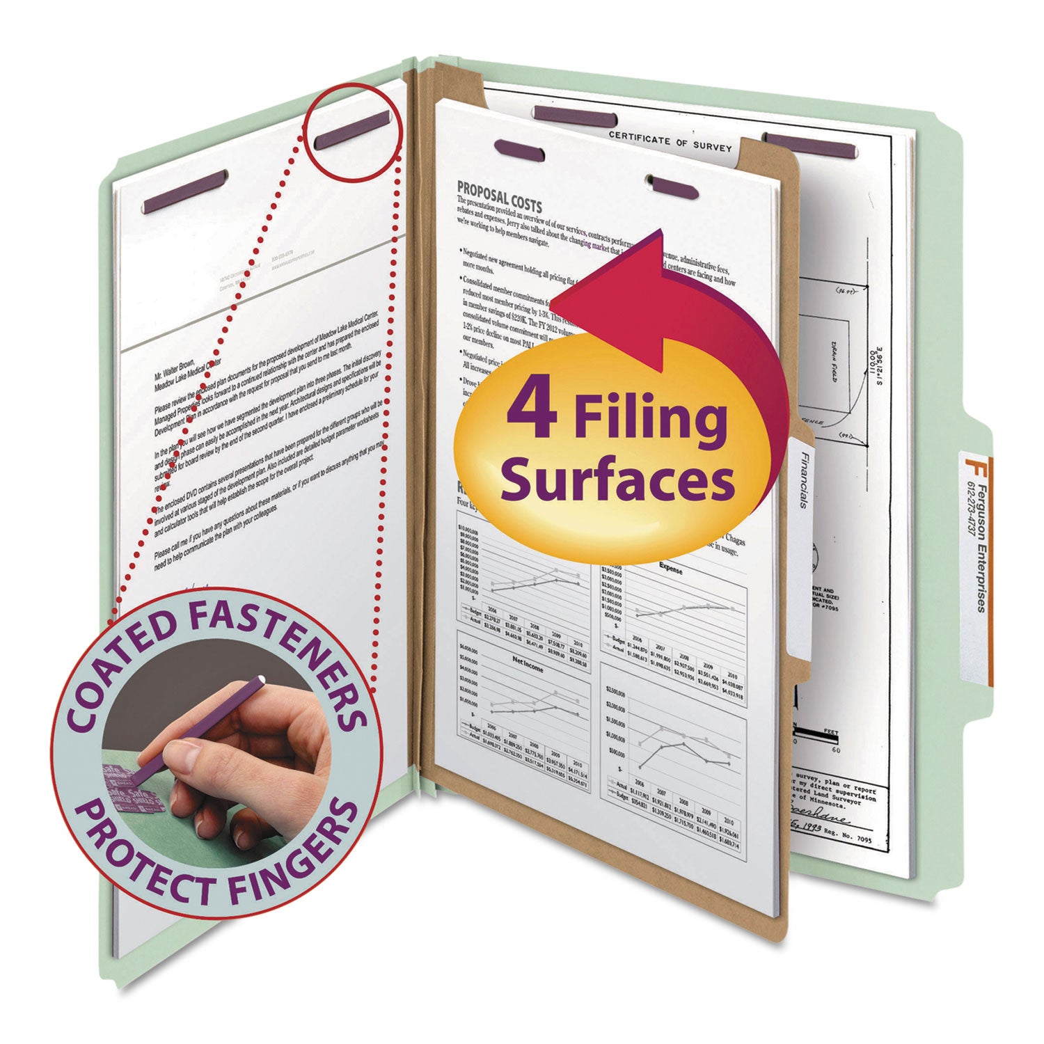 Smead Pressboard Classification Folders, Four SafeSHIELD Fasteners, 2/5-Cut Tabs, 1 Divider, Letter Size, Gray-Green, 10/Box (13776)