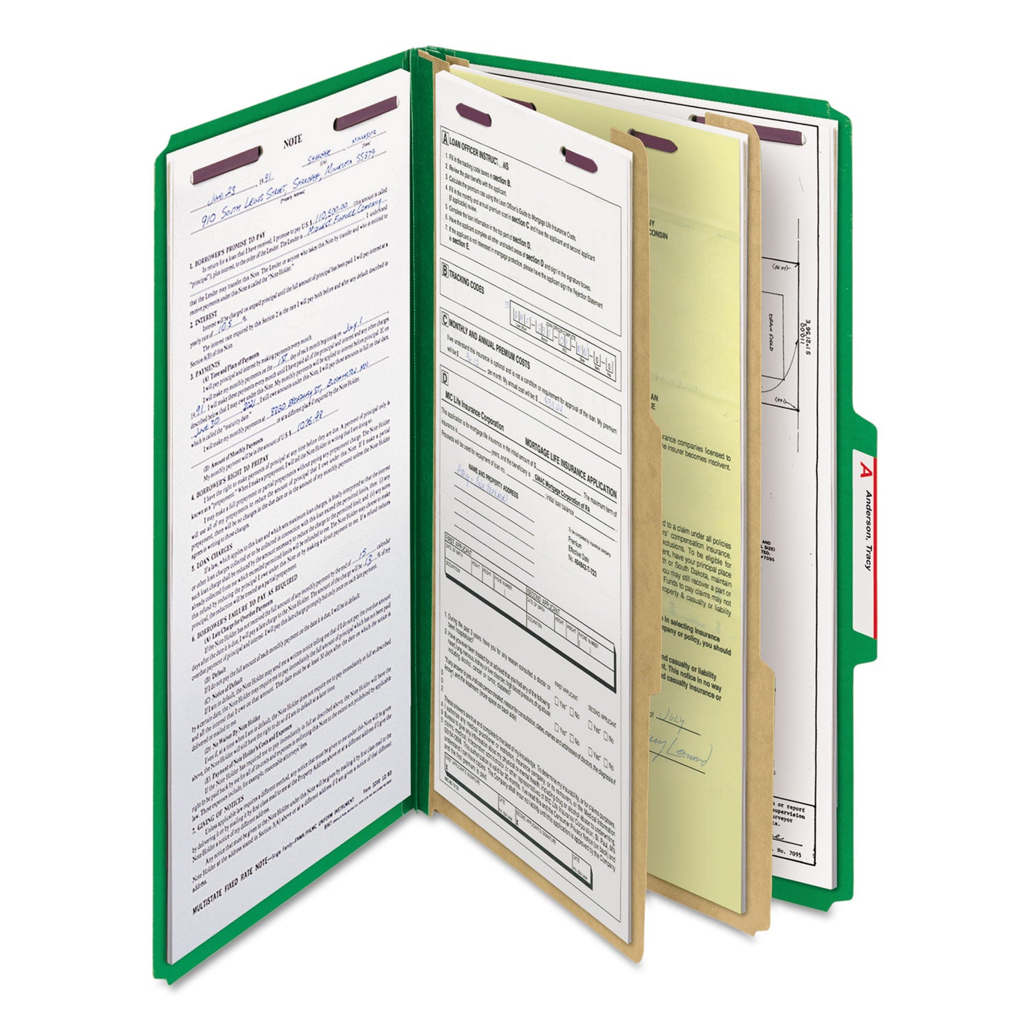 Smead Six-Section Pressboard Top Tab Classification Folders, Six SafeSHIELD Fasteners, 2 Dividers, Legal Size, Green, 10/Box (19033)