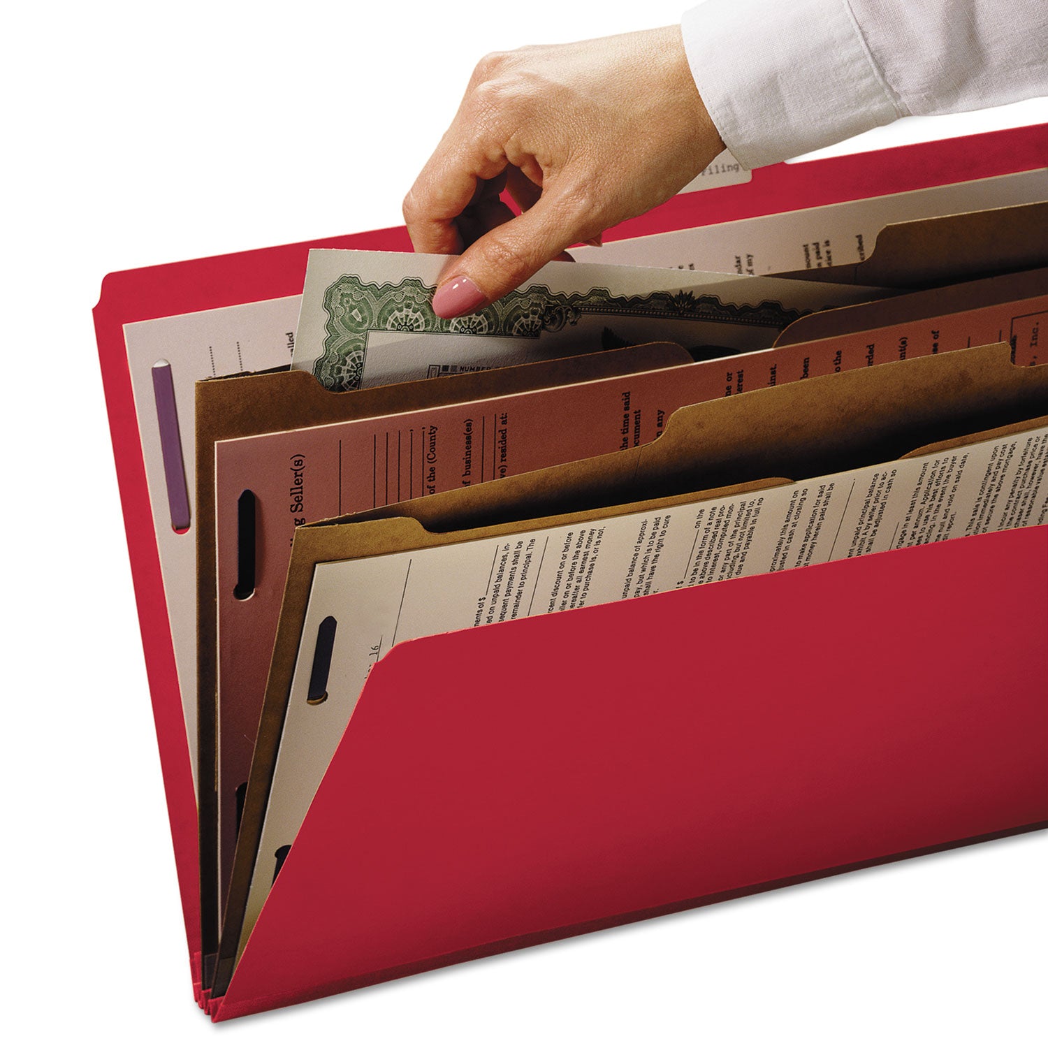 Smead 6-Section Pressboard Top Tab Pocket Classification Folders, 6 SafeSHIELD Fasteners, 2 Dividers, Letter Size, Bright Red,10/BX (14082)