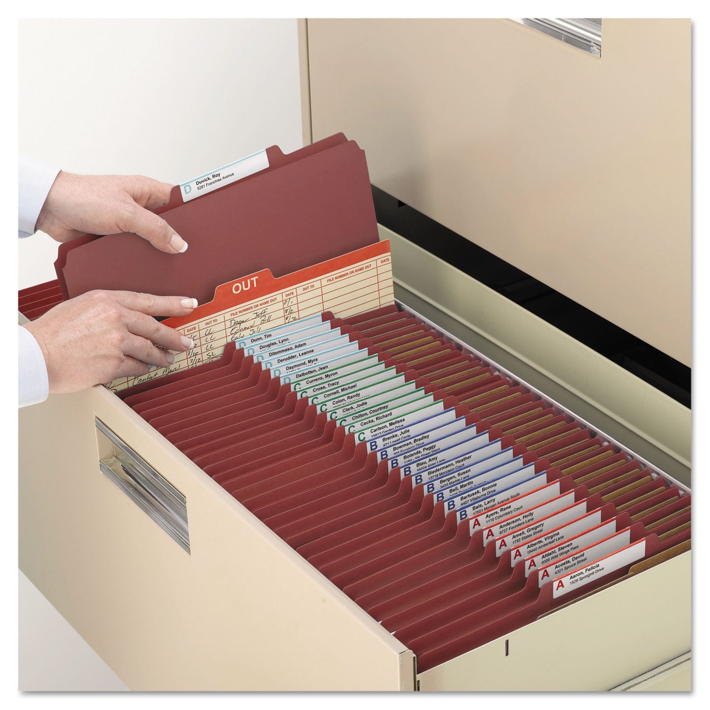 Smead 6-Section Pressboard Top Tab Pocket Classification Folders, 6 SafeSHIELD Fasteners, 2 Dividers, Letter Size, Red, 10/Box (14079)