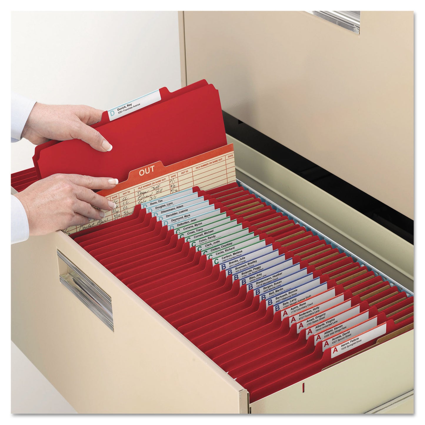 Smead 6-Section Pressboard Top Tab Pocket Classification Folders, 6 SafeSHIELD Fasteners, 2 Dividers, Letter Size, Bright Red,10/BX (14082)