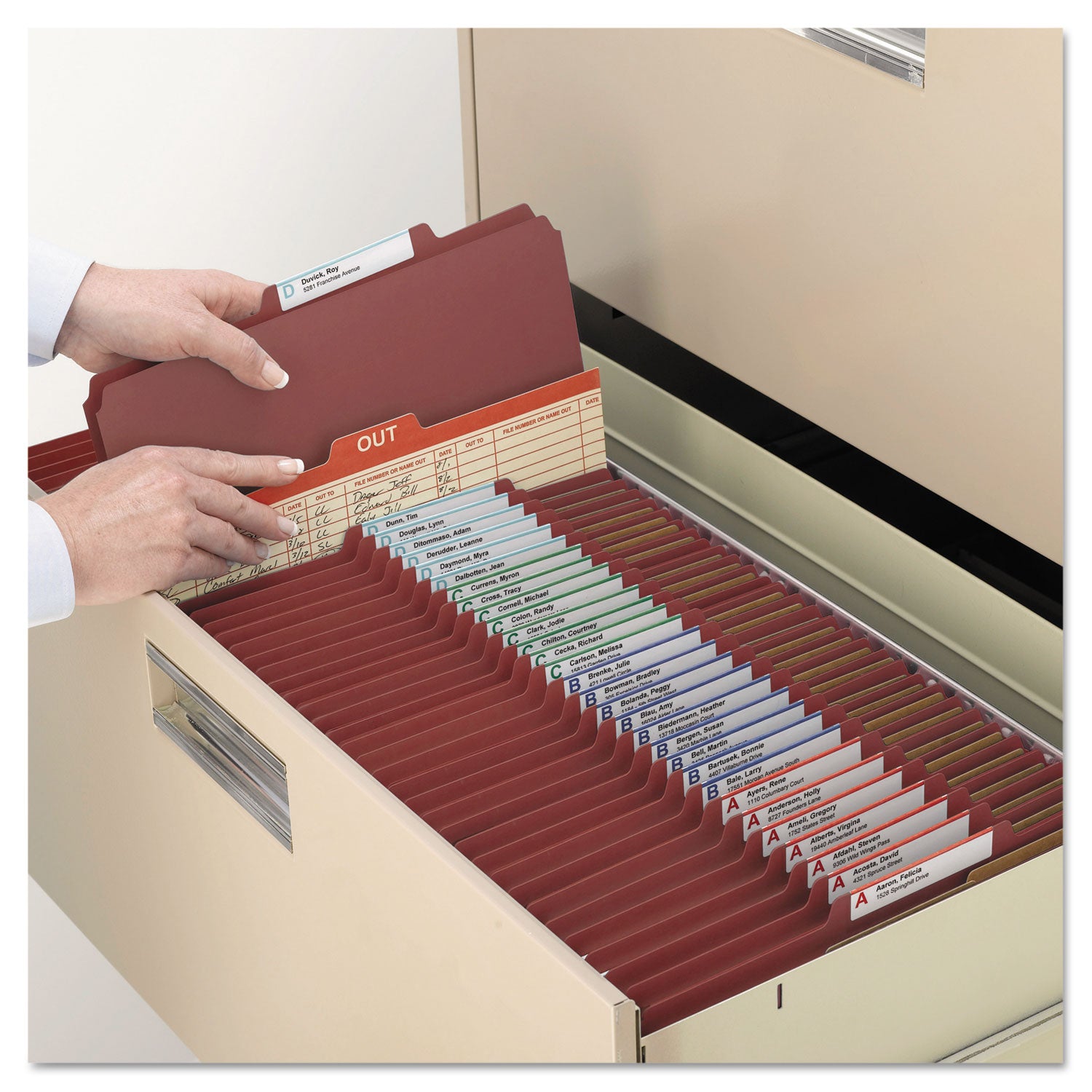Smead Pressboard Classification Folders, Eight SafeSHIELD Fasteners, 2/5-Cut Tabs, 3 Dividers, Letter Size, Red, 10/Box (14092)