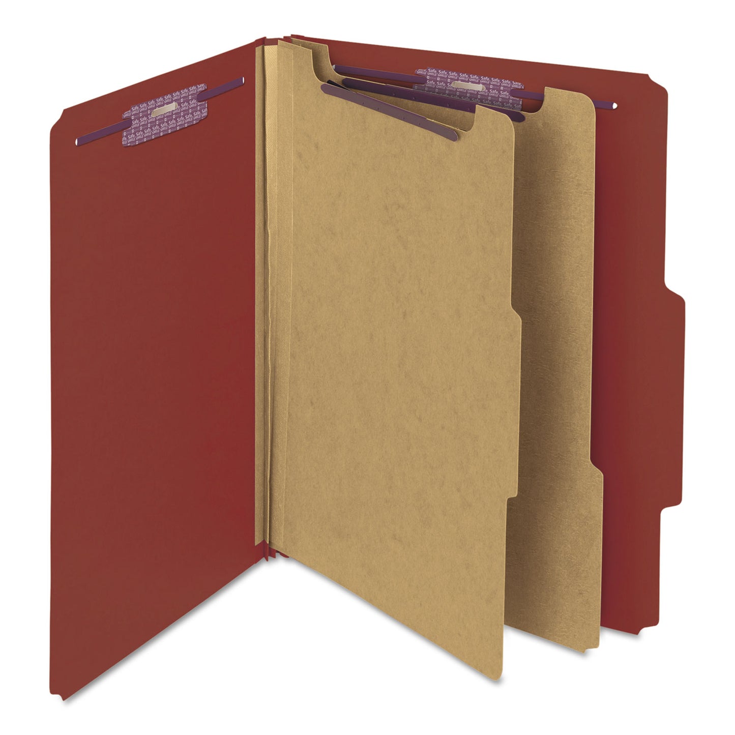 Smead Pressboard Classification Folders, Six SafeSHIELD Fasteners, 2/5-Cut Tabs, 2 Dividers, Letter Size, Red, 10/Box (14075)