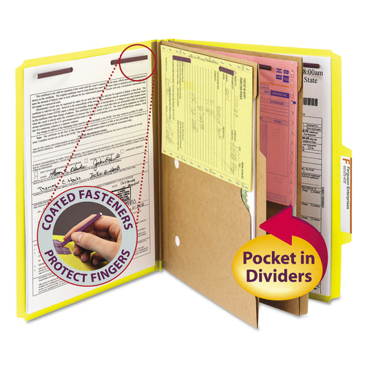 Smead 6-Section Pressboard Top Tab Pocket Classification Folders, 6 SafeSHIELD Fasteners, 2 Dividers, Letter Size, Yellow, 10/Box (14084)