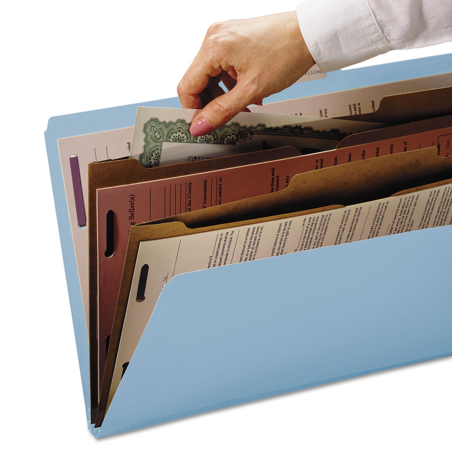 Smead 6-Section Pressboard Top Tab Pocket Classification Folders, 6 SafeSHIELD Fasteners, 2 Dividers, Letter Size, Blue, 10/Box (14081)