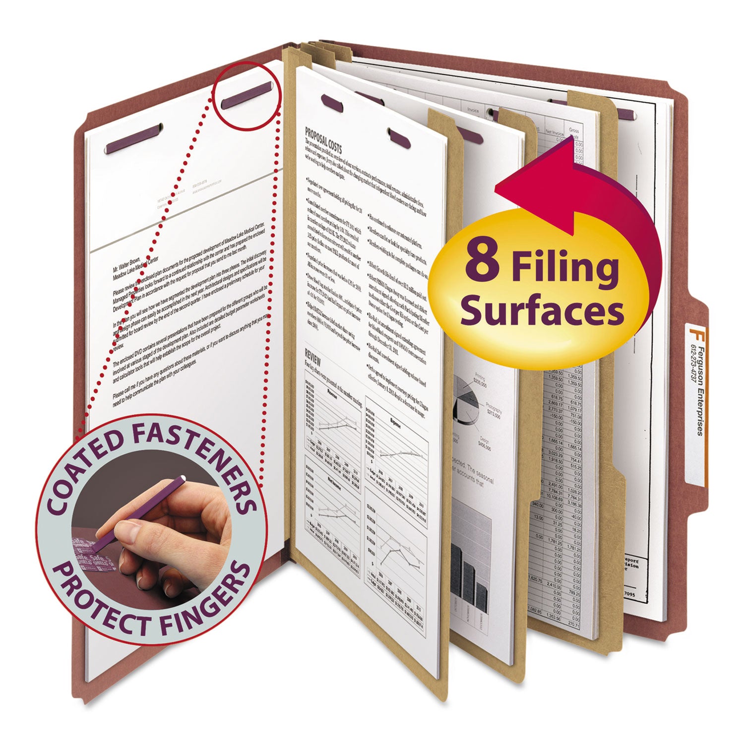 Smead Pressboard Classification Folders, Eight SafeSHIELD Fasteners, 2/5-Cut Tabs, 3 Dividers, Letter Size, Red, 10/Box (14092)