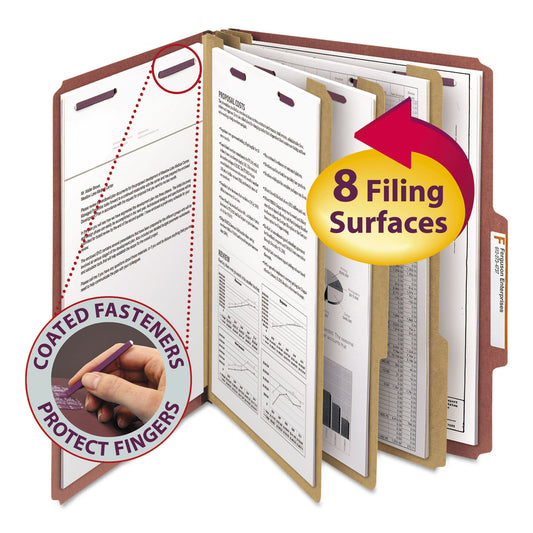 Smead Pressboard Classification Folders, Eight SafeSHIELD Fasteners, 2/5-Cut Tabs, 3 Dividers, Letter Size, Red, 10/Box (14092)