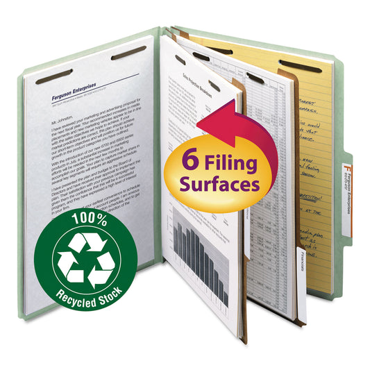 Smead Recycled Pressboard Classification Folders, 2" Expansion, 2 Dividers, 6 Fasteners, Letter Size, Gray-Green, 10/Box (14023)