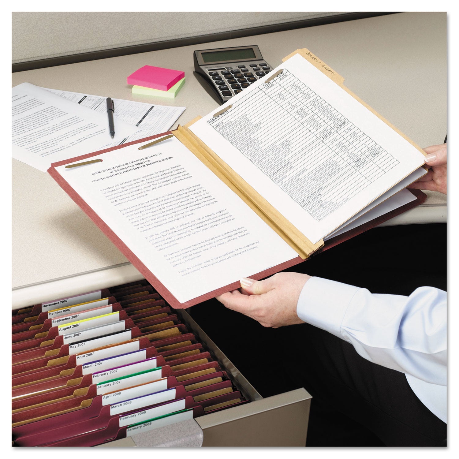 Smead Pressboard Classification Folders, Six SafeSHIELD Fasteners, 2/5-Cut Tabs, 2 Dividers, Letter Size, Red, 10/Box (14075)
