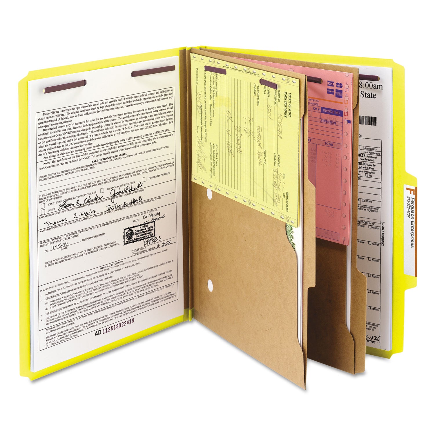 Smead 6-Section Pressboard Top Tab Pocket Classification Folders, 6 SafeSHIELD Fasteners, 2 Dividers, Letter Size, Yellow, 10/Box (14084)