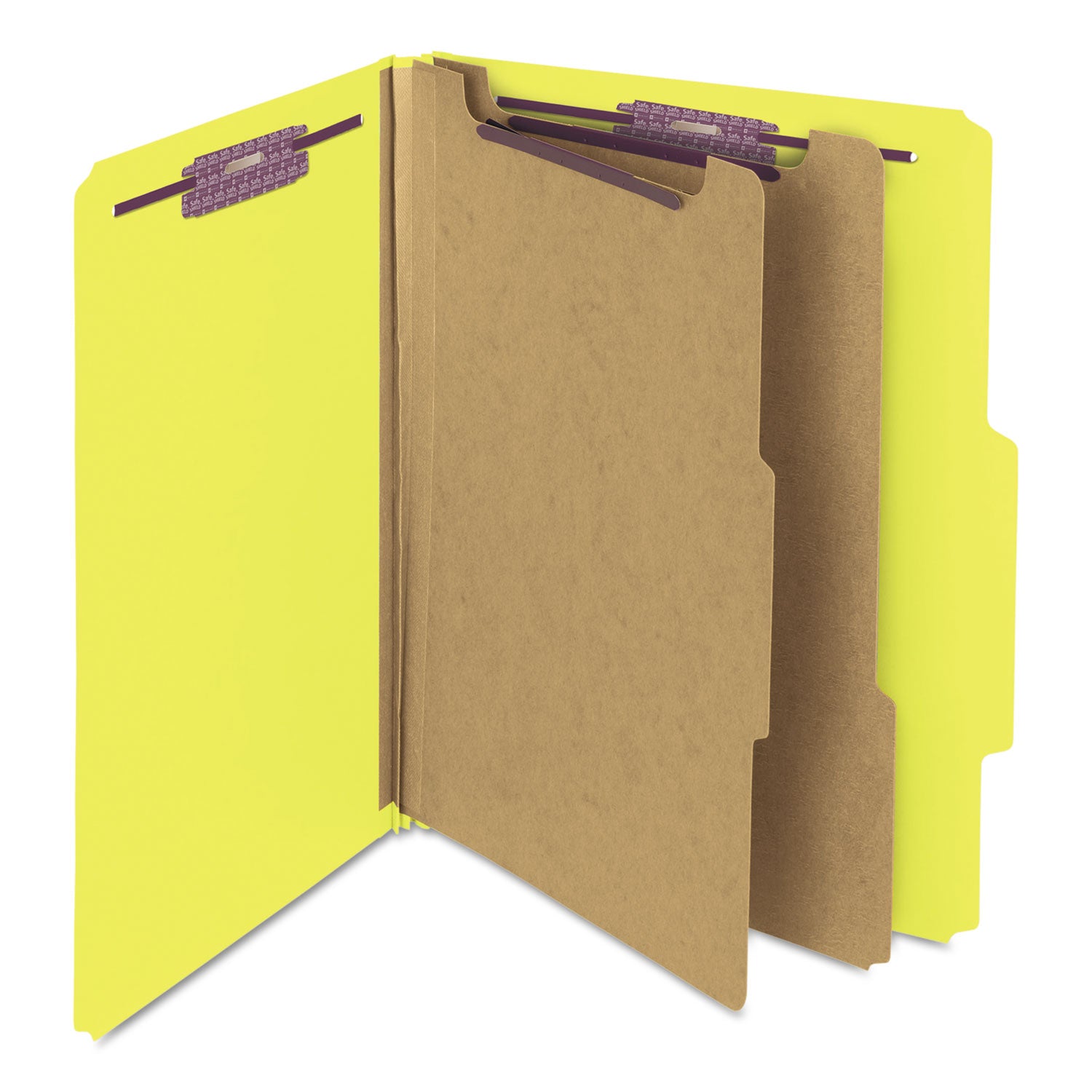 Smead Six-Section Pressboard Top Tab Classification Folders, Six SafeSHIELD Fasteners, 2 Dividers, Letter Size, Yellow, 10/Box (14034)