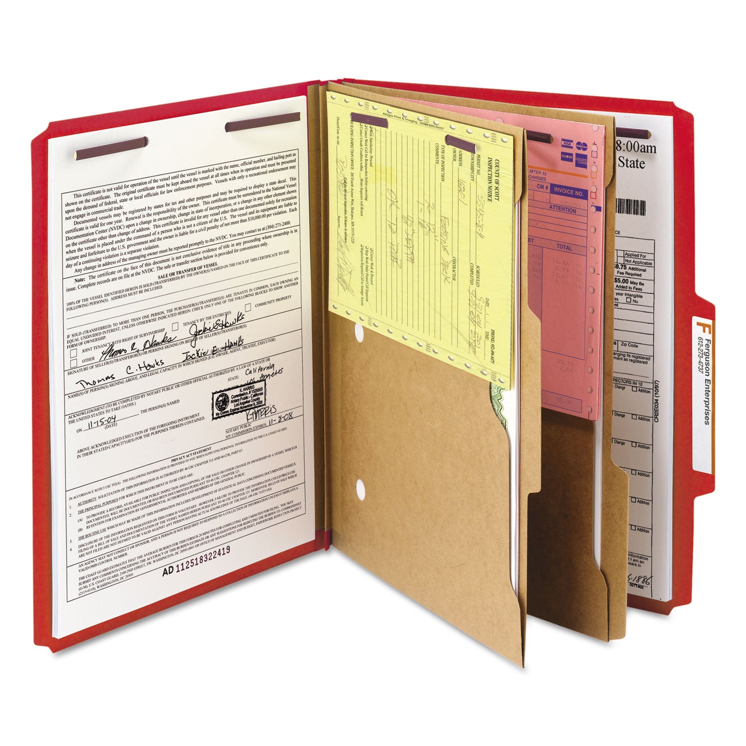 Smead 6-Section Pressboard Top Tab Pocket Classification Folders, 6 SafeSHIELD Fasteners, 2 Dividers, Letter Size, Bright Red,10/BX (14082)