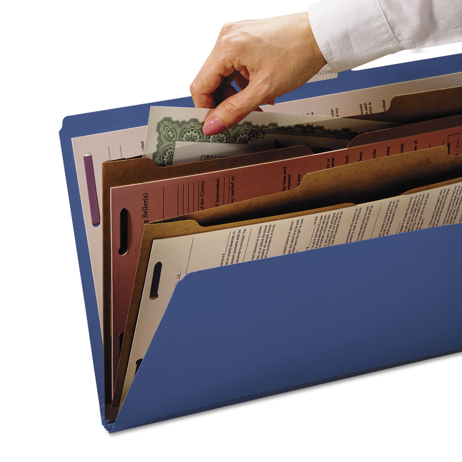 Smead 6-Section Pressboard Top Tab Pocket Classification Folders, 6 SafeSHIELD Fasteners, 2 Dividers, Letter Size, Dark Blue, 10/BX (14077)