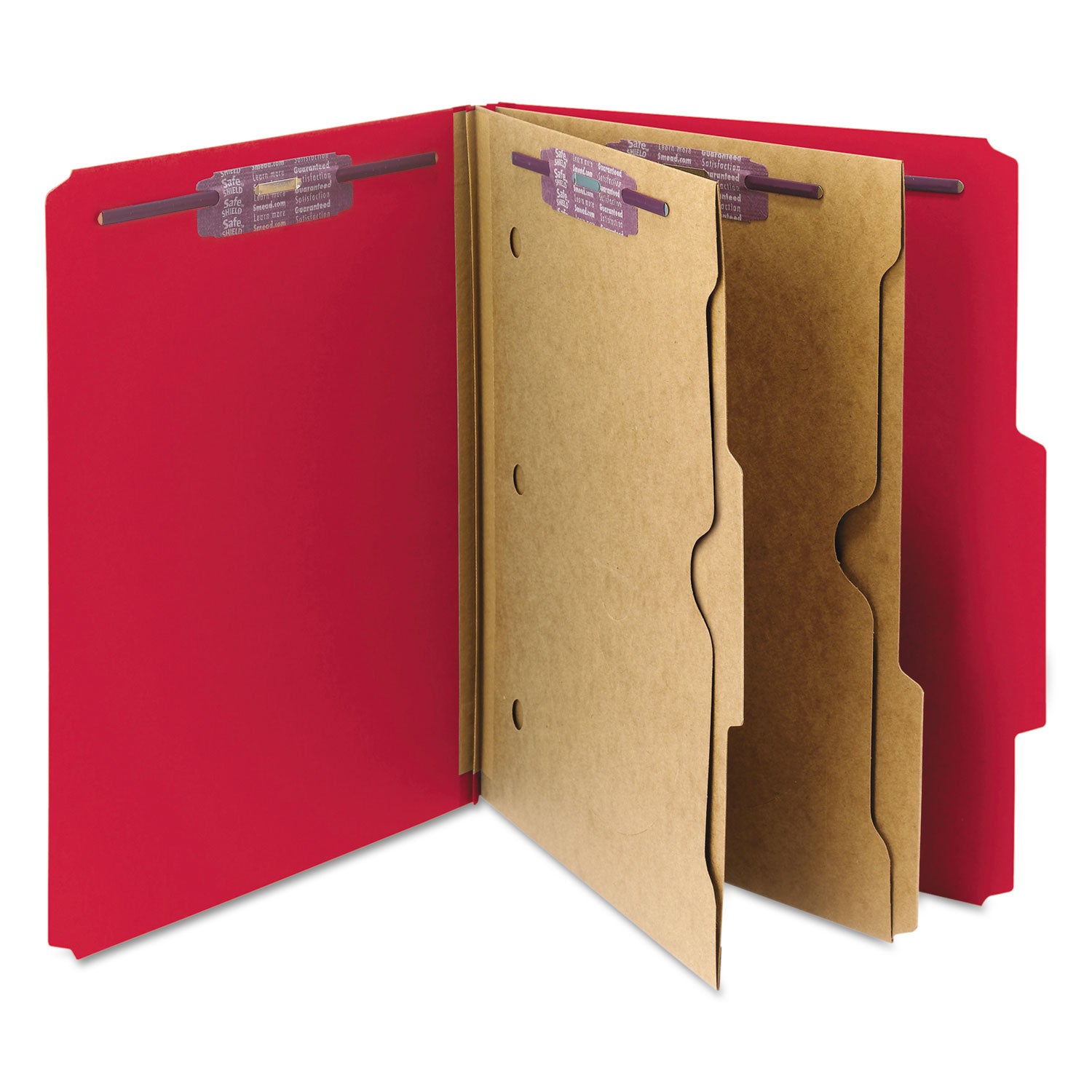 Smead 6-Section Pressboard Top Tab Pocket Classification Folders, 6 SafeSHIELD Fasteners, 2 Dividers, Letter Size, Bright Red,10/BX (14082)