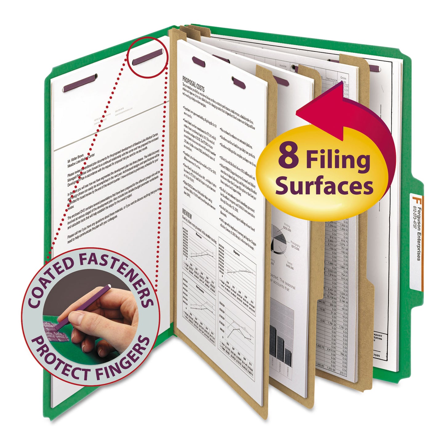 Smead Eight-Section Pressboard Top Tab Classification Folders, Eight SafeSHIELD Fasteners, 3 Dividers, Letter Size, Green, 10/Box (14097)