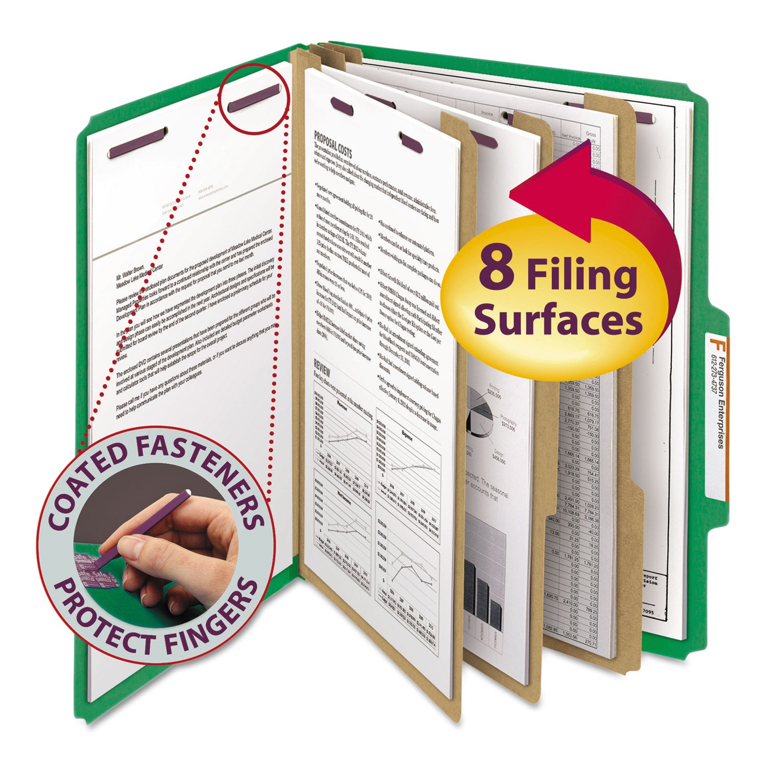 Smead Eight-Section Pressboard Top Tab Classification Folders, Eight SafeSHIELD Fasteners, 3 Dividers, Letter Size, Green, 10/Box (14097)