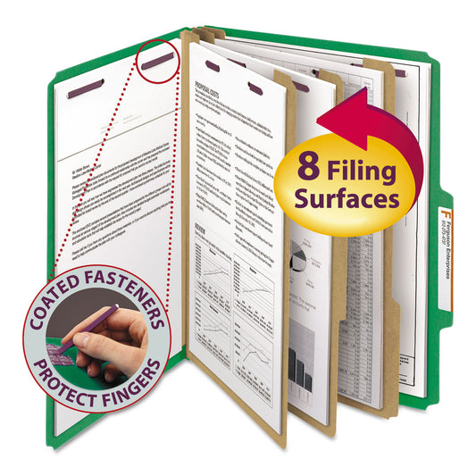 Smead Eight-Section Pressboard Top Tab Classification Folders, Eight SafeSHIELD Fasteners, 3 Dividers, Letter Size, Green, 10/Box (14097)