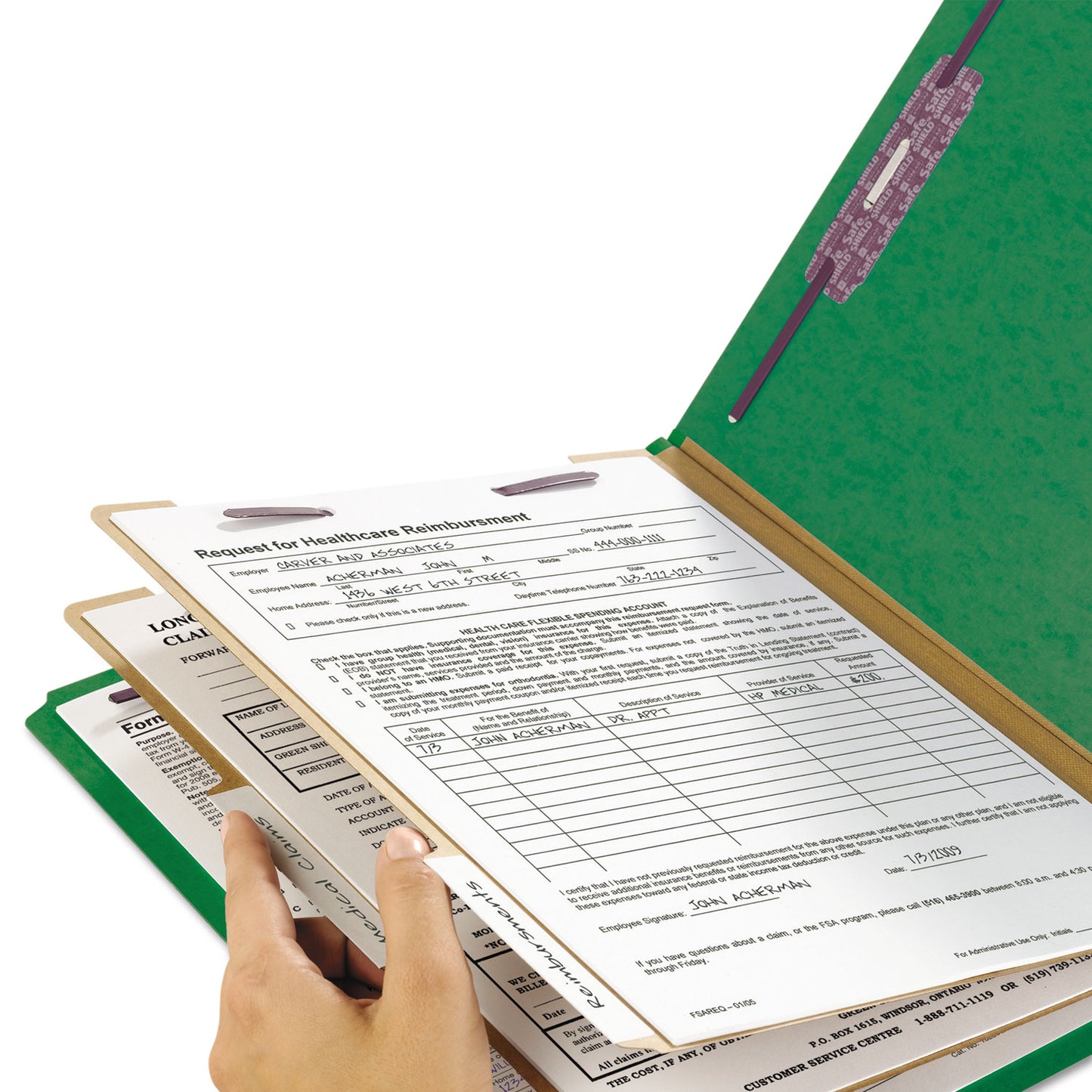 Smead Six-Section Pressboard Top Tab Classification Folders, Six SafeSHIELD Fasteners, 2 Dividers, Legal Size, Green, 10/Box (19033)