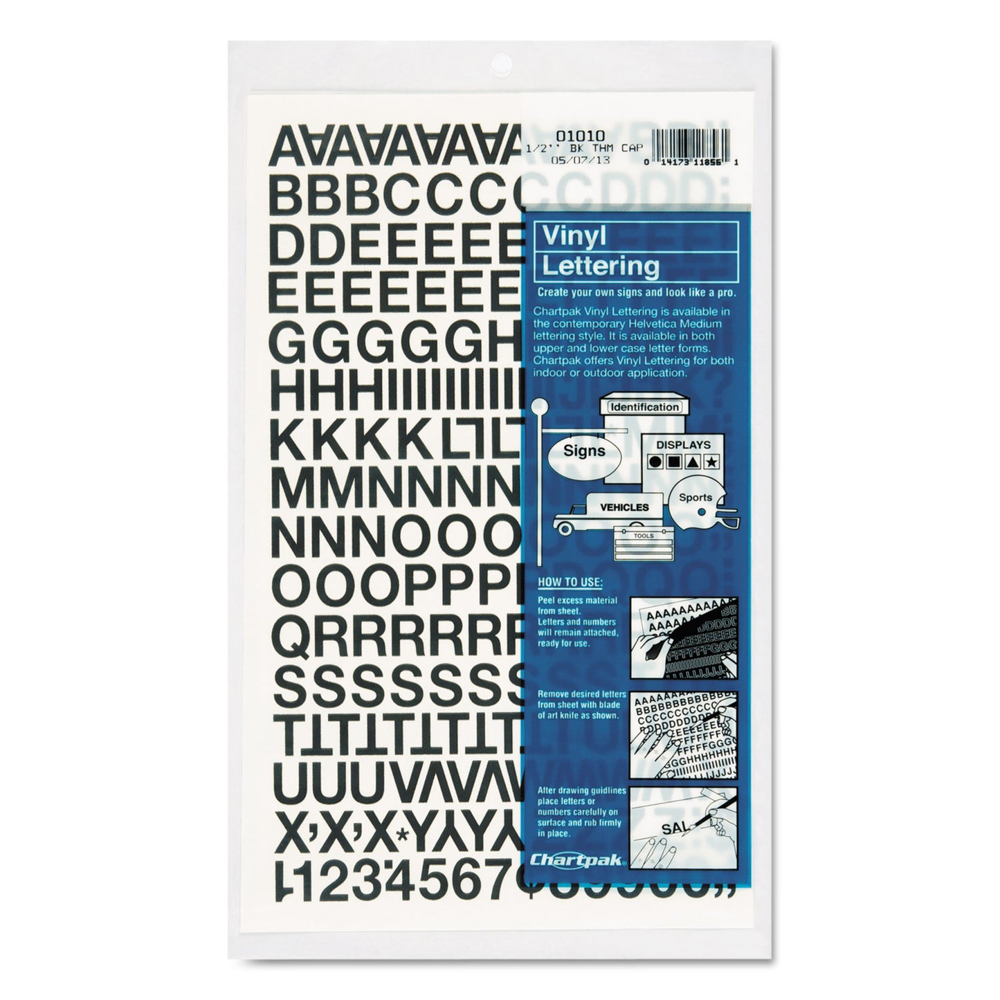 Chartpak Press-On Vinyl Letters and Numbers, Self Adhesive, Black, 0.5"h, 201/Pack (01010)