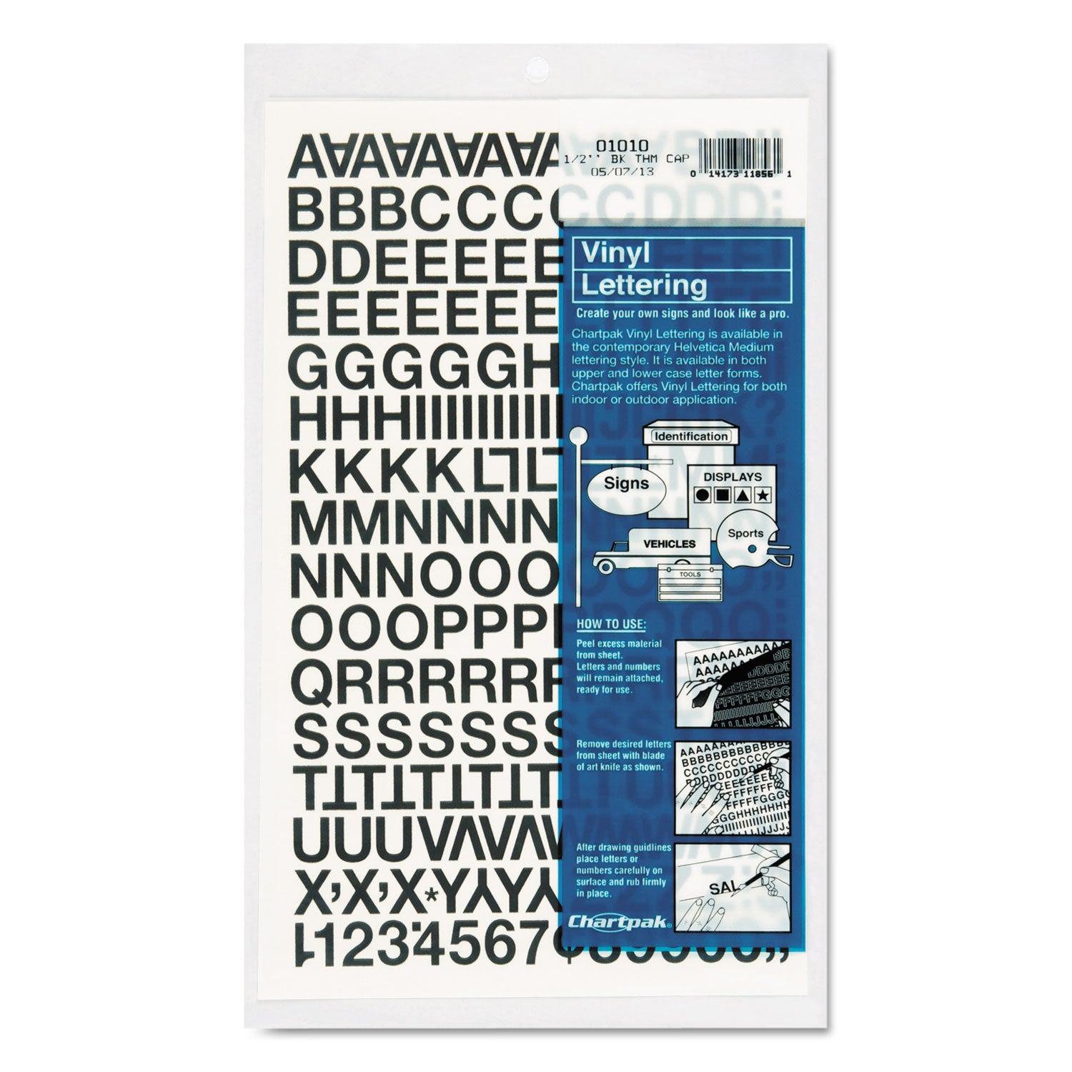Chartpak Press-On Vinyl Letters and Numbers, Self Adhesive, Black, 0.5"h, 201/Pack (01010)