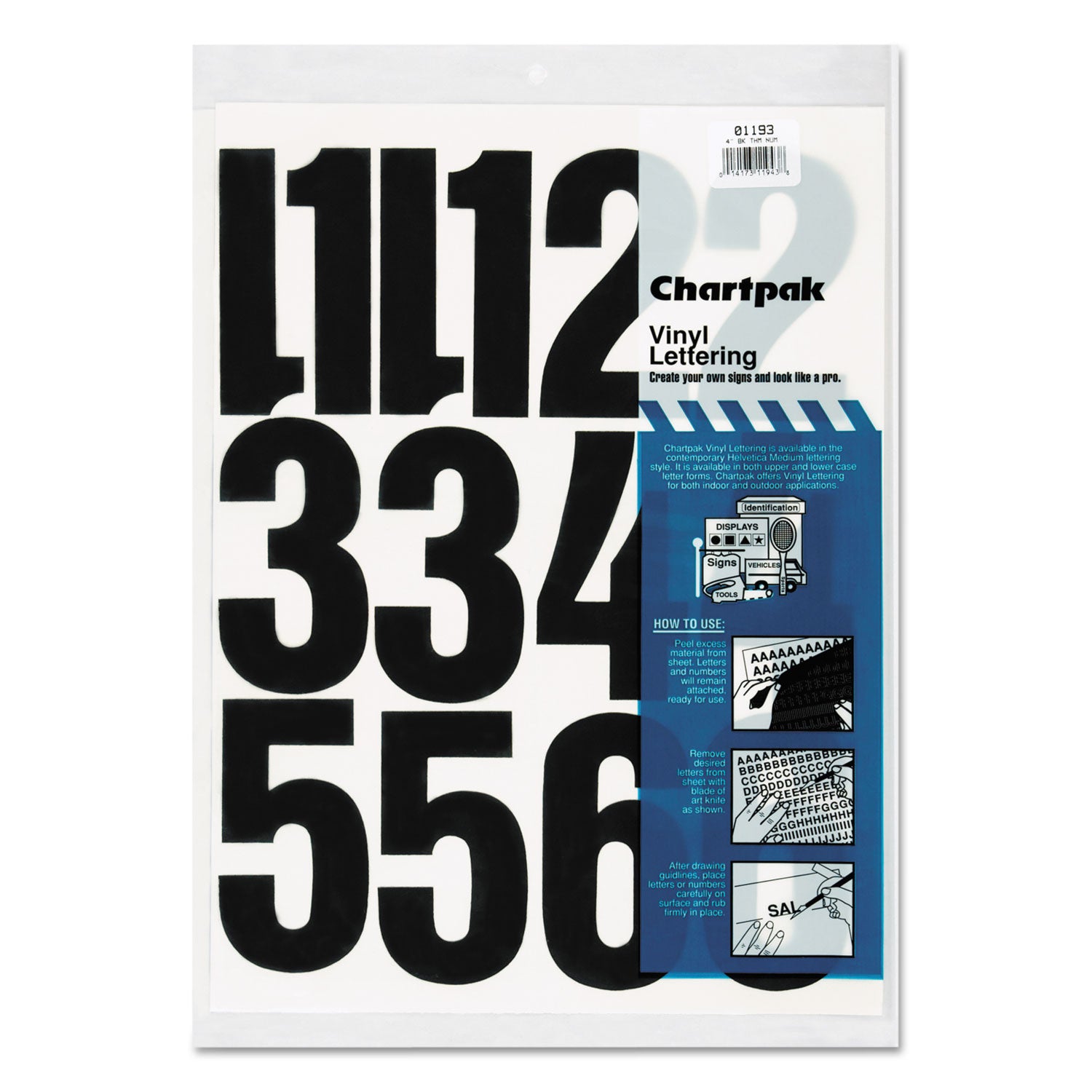 Chartpak Press-On Vinyl Numbers, Self Adhesive, Black, 4"h, 23/Pack (01193)