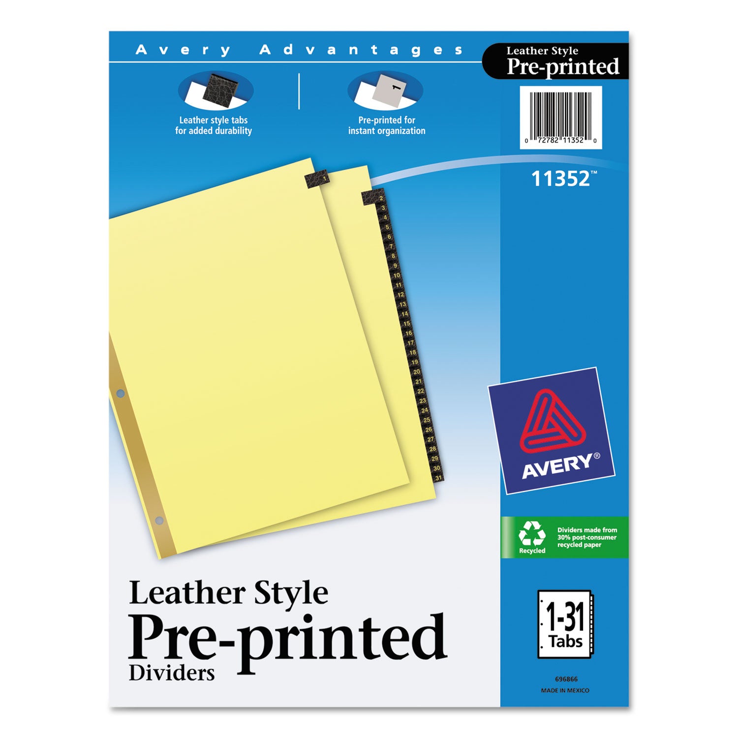 Avery Preprinted Black Leather Tab Dividers w/Gold Reinforced Edge, 31-Tab, 1 to 31, 11 x 8.5, Buff, 1 Set (11352)