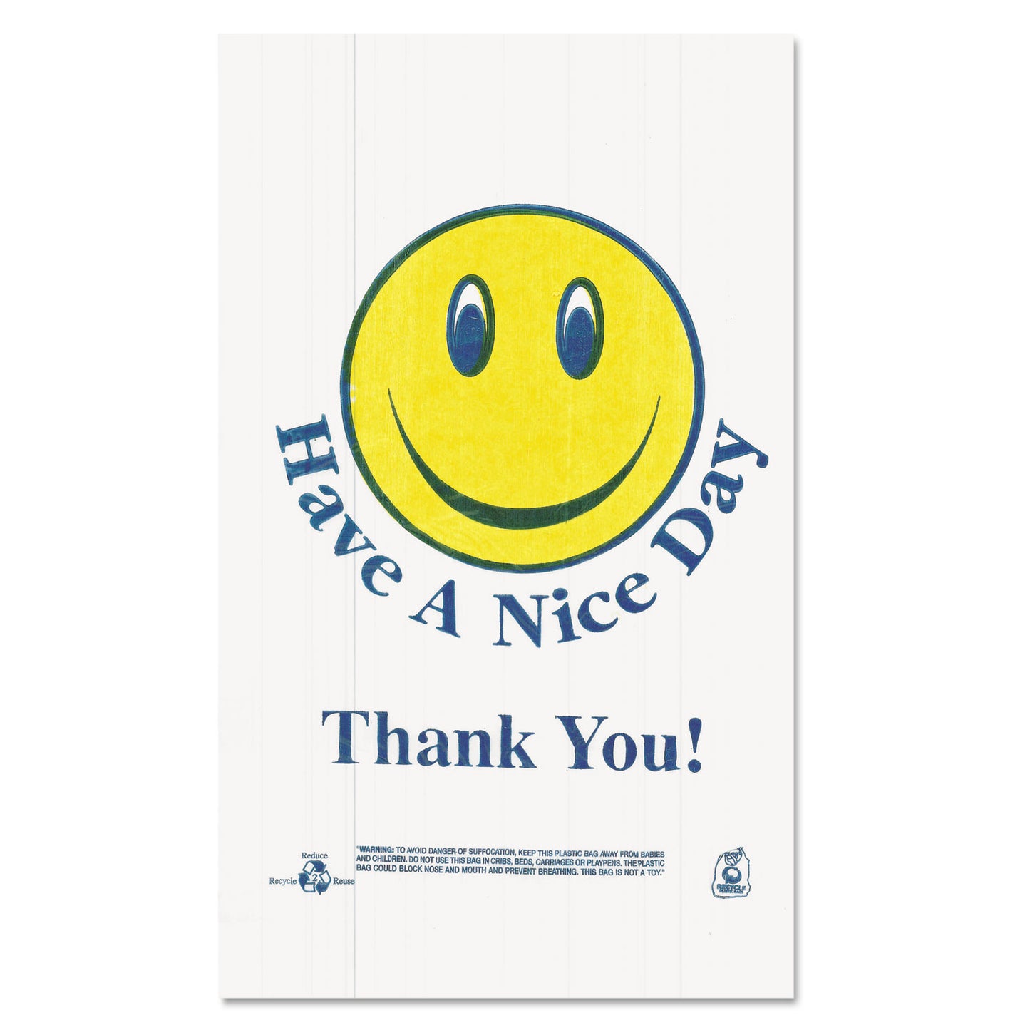 Barnes Paper Company Smiley Face Shopping Bags, Thank You - Have a Nice Day Labeling, Cut-Out Handles, 11.5" x 6.5" x 21", White/Red, 900/Carton (T16SMILEY)