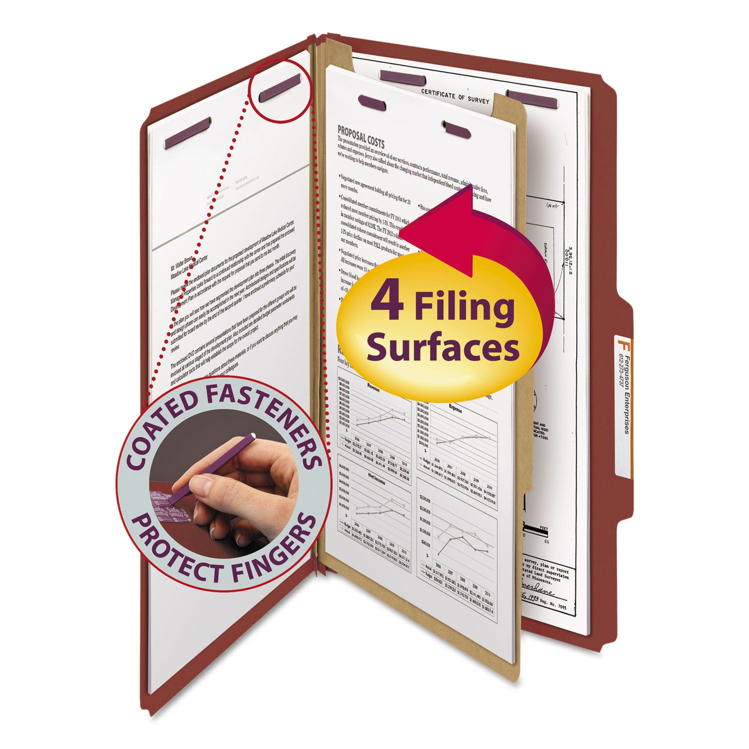 Smead Pressboard Classification Folders, Four SafeSHIELD Fasteners, 2/5-Cut Tabs, 1 Divider, Legal Size, Red, 10/Box (18775)