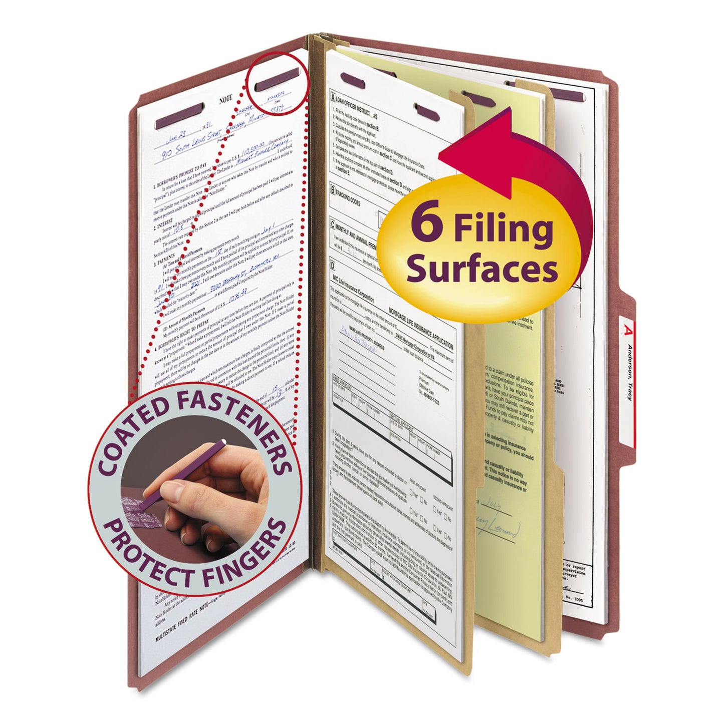 Smead Pressboard Classification Folders, Six SafeSHIELD Fasteners, 2/5-Cut Tabs, 2 Dividers, Legal Size, Red, 10/Box (19075)
