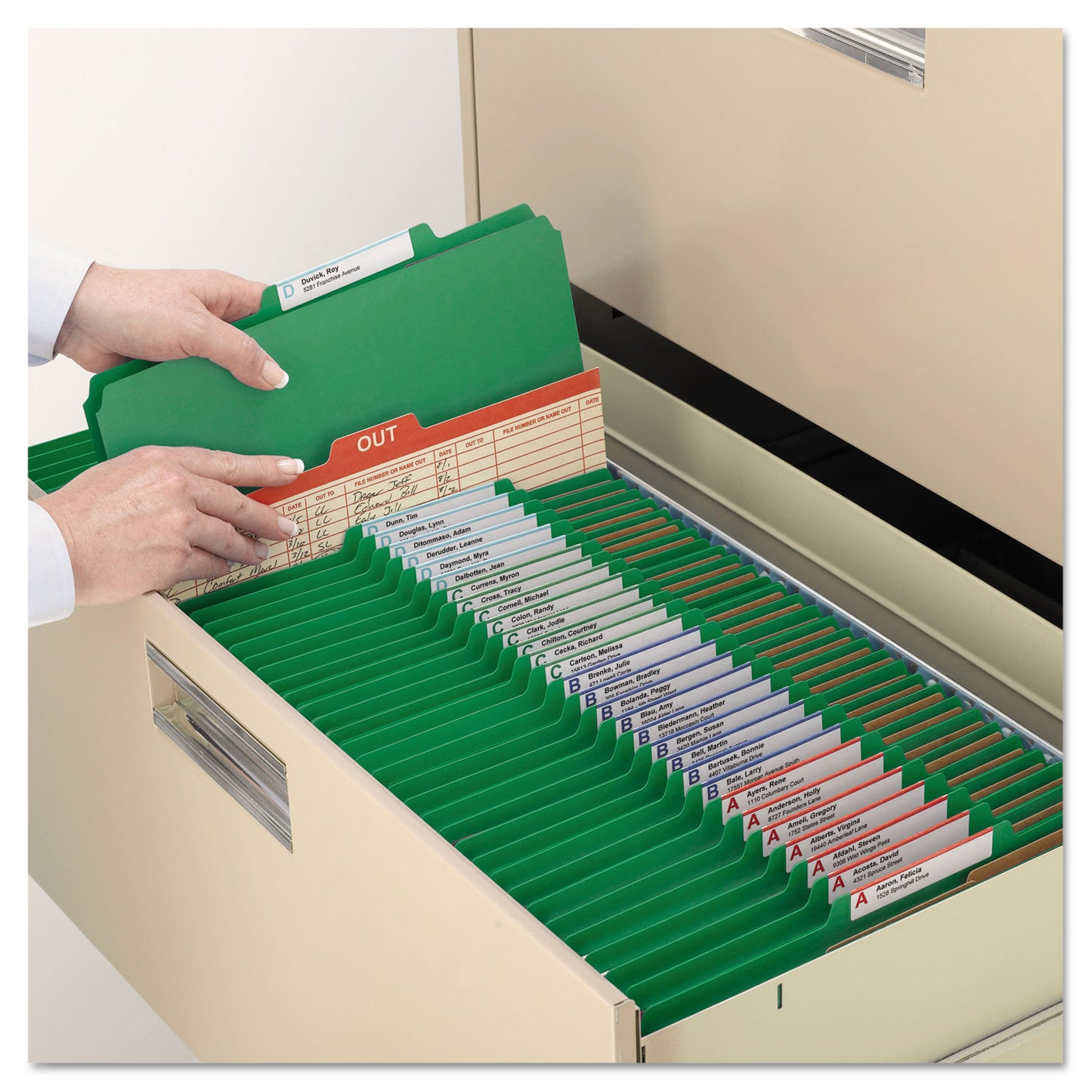 Smead Four-Section Pressboard Top Tab Classification Folders, Four SafeSHIELD Fasteners, 1 Divider, Legal Size, Green, 10/Box (18733)