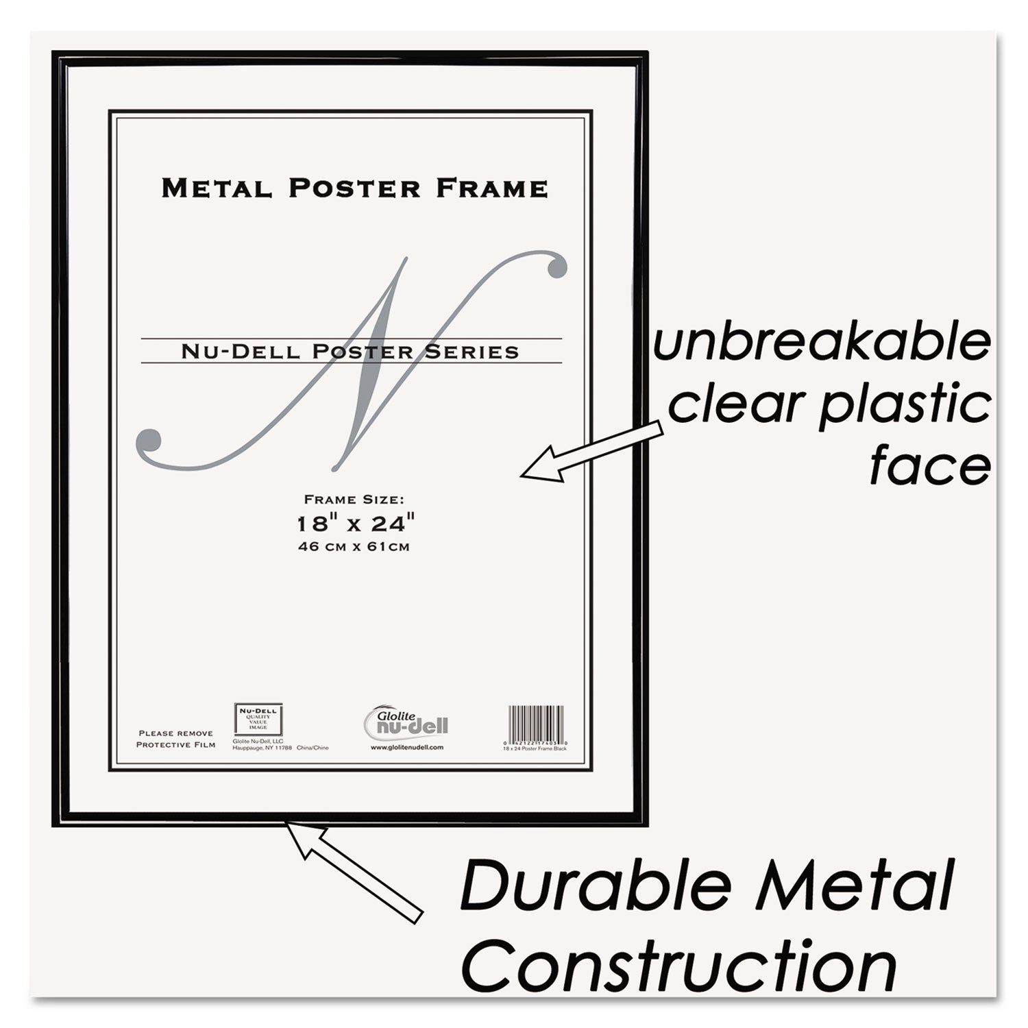 NuDell Metal Poster Frame, Plastic Face, 18 x 24, Black (31222)