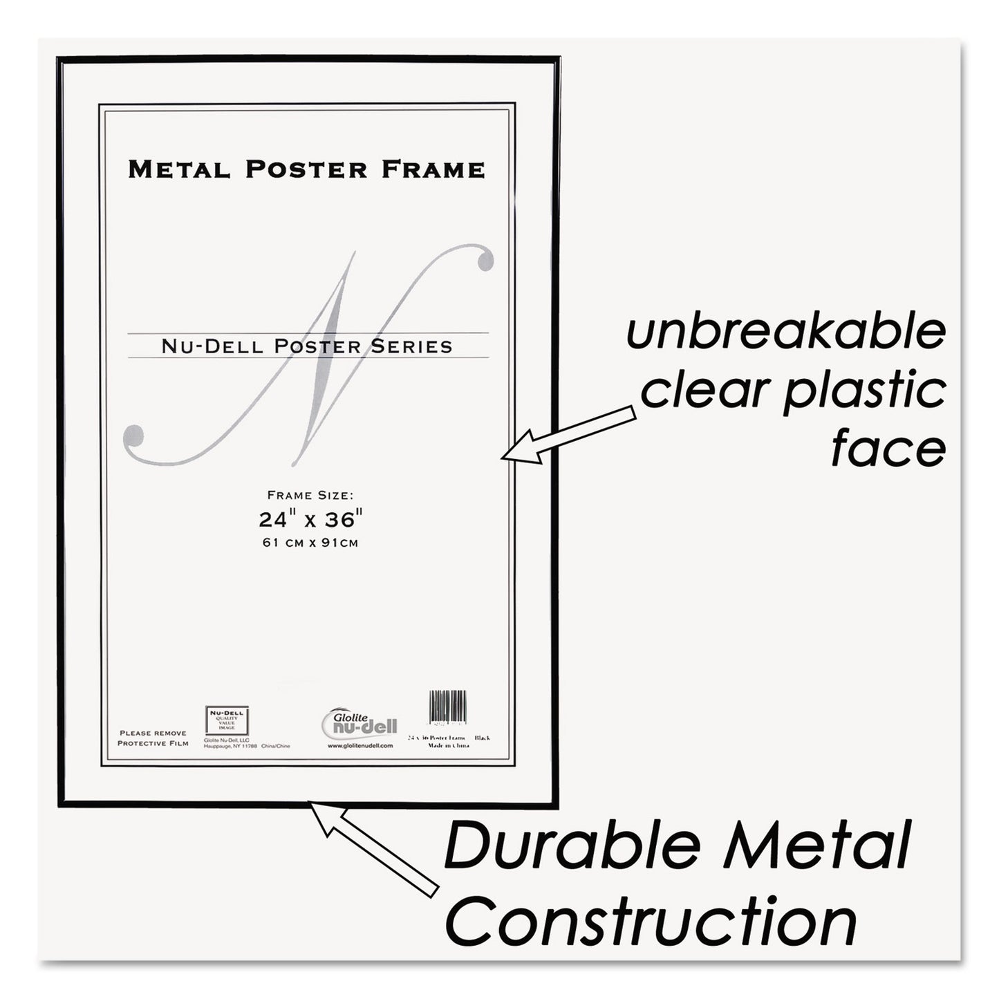 NuDell Metal Poster Frame, Plastic Face, 24 x 36, Black (31242)