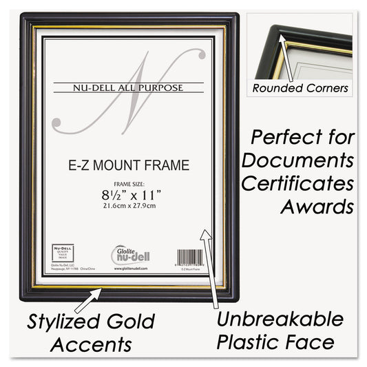 NuDell EZ Mount Document Frame with Trim Accent and Plastic Face, Plastic, 8.5 x 11 Insert, Black/Gold (11880)