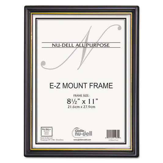 NuDell EZ Mount Document Frame with Trim Accent and Plastic Face, Plastic, 8.5 x 11 Insert, Black/Gold, 18/Carton (11818)