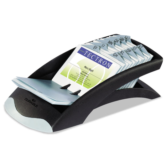 Durable VISIFIX Desk Business Card File, Holds 200 2.88 x 4.13 Cards, 5 x 9.31 x 3.56, Plastic, Graphite/Black (241301)